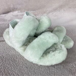 UGG Oh Yeah Slide Sandals Womens Size 7 Mint Green Shearling Fuzzy Slingback